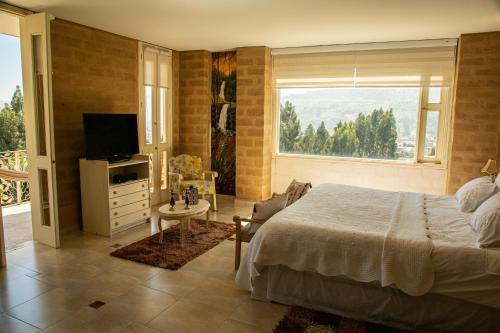 Schlafzimmer mit einem Bett, einem TV und einem Fenster in der Unterkunft Bella Tierra Hotel Boutique in Tibasosa