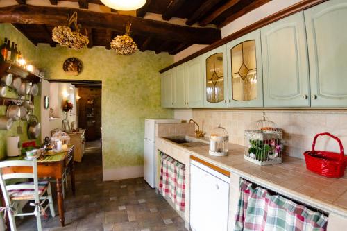 a kitchen with a sink and a table in it at Podere L'Istrice in Massa e Cozzile