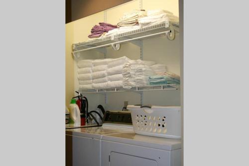 pralnia z suszarką i ręcznikami w obiekcie Hall Creek Cabin w mieście Packwood