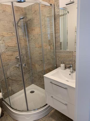 a bathroom with a shower and a sink at Apartament Walczaka 11 MIEJSCE PARKINGOWE in Gorzów Wielkopolski