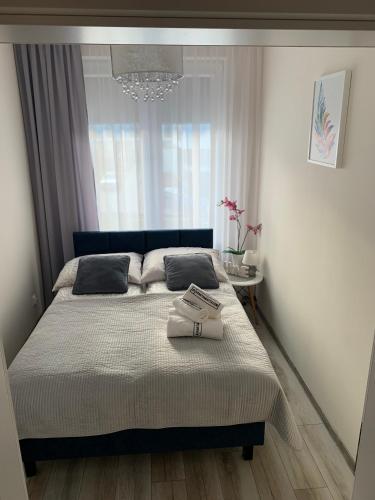 1 dormitorio con cama y lámpara de araña en Apartament Walczaka 25 MIEJSCE PARKINGOWE, en Gorzów Wielkopolski