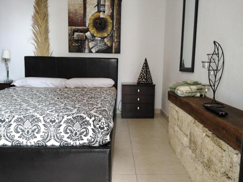 1 dormitorio con 1 cama en blanco y negro y vestidor en Apartamento La Palmera Amarilla Golf, en San Miguel de Abona