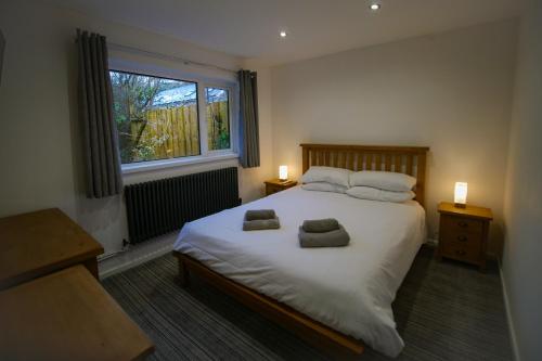 a bedroom with a bed with two pillows on it at Canyon Cottage in Pont-Nedd-Fechan