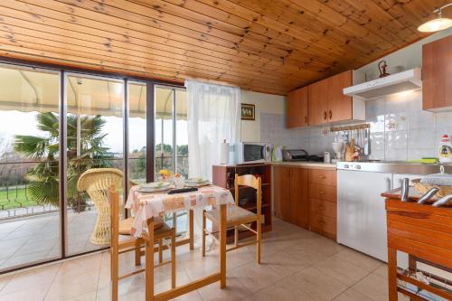 a kitchen with a table and chairs and a kitchen withwindows at Apartments Pilicari in Rovinj
