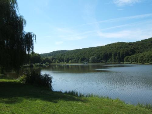 a view of a large lake with mountains in the background at Kisrejtek Apartmanház in Lispeszentadorján