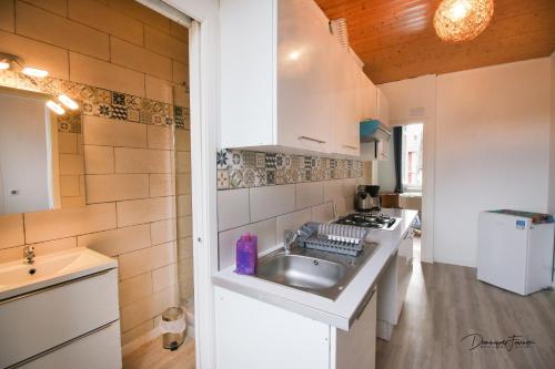 a small kitchen with a sink and a stove at VILLA ILIXON - Appartements privés proche du centre de Luchon, parking, billard, jardin in Luchon