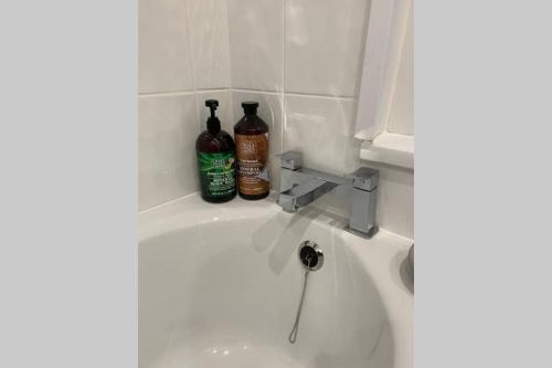 a bathroom sink with two bottles sitting on top of it at Two Hoots in Leeds