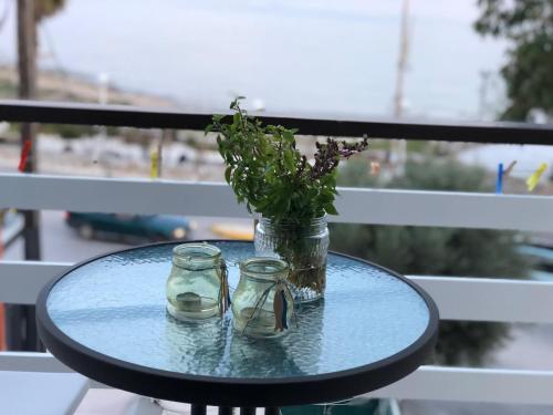 阿特米達的住宿－Starfish Seaside Studio，一张桌子,上面有两瓶玻璃瓶和花瓶