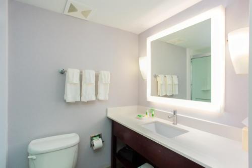 Un baño con inodoro, lavabo y espejo. en Holiday Inn Hotel & Suites Tallahassee Conference Center North by IHG, en Tallahassee