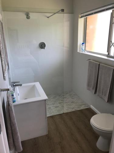 a bathroom with a sink and a toilet and a shower at 39 Kabeljauws Road Beach House in Jeffreys Bay