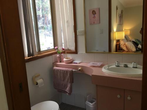 baño con lavabo y aseo y ventana en Farm guests house, en Somersby