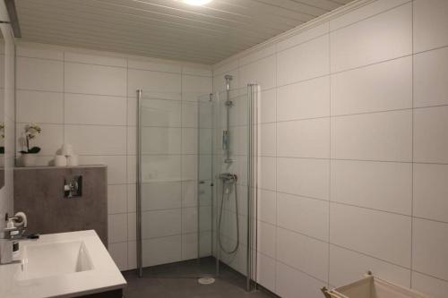 La salle de bains est pourvue d'une douche et d'un lavabo. dans l'établissement Best of Lyngen panorama apartment, à Lyngseidet