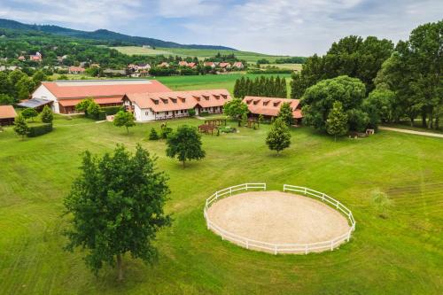 an aerial view of a farm with a building and trees at Matild Country Hotel in Nemesvita