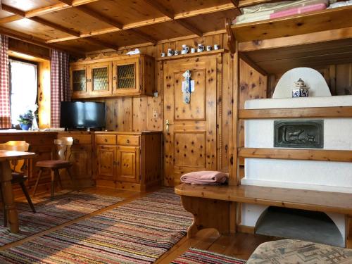 a living room with a fireplace in a log cabin at Auenhof in Gschnitz