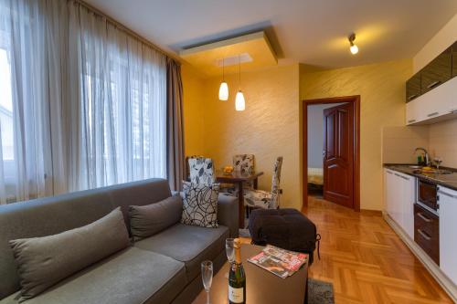 a living room with a couch and a kitchen at Vila Barović and Spa in Zlatibor