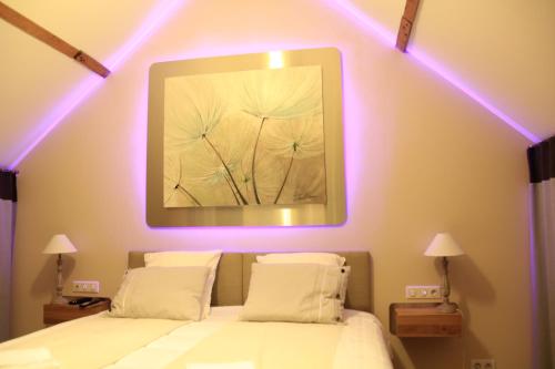 a bedroom with a bed with purple lights at Au Coeur Des Hôtes in Steenvoorde