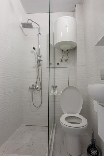 biała łazienka z toaletą i prysznicem w obiekcie Filip w Belgradzie