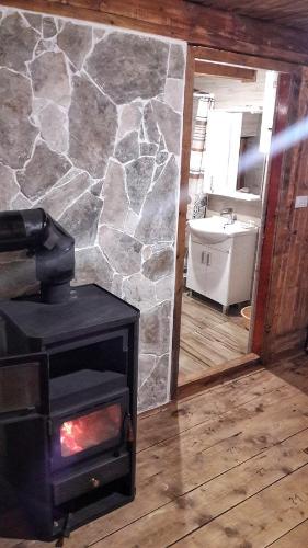a stove in a room with a stone wall at Vikendica Vlahović in Kolašin