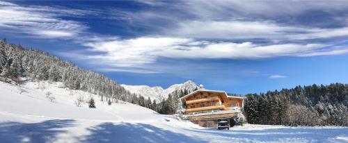 a log cabin in the snow on a mountain at Boutique-Pension Jägerwirt in Scheffau am Wilden Kaiser