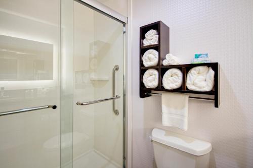 a bathroom with a shower and a toilet and towels at Holiday Inn Express Dublin, an IHG Hotel in Dublin