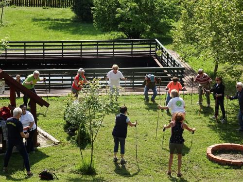 a group of people standing around in the grass at Rejtek Vendégház in Lispeszentadorján