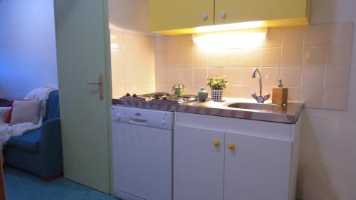 uma cozinha com um lavatório e uma bancada em VVF Jura Lac de Vouglans em Maisod