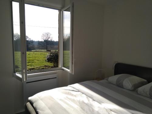 a bedroom with a bed and a large window at Les Gîtes du Château de Passillé in Parigné
