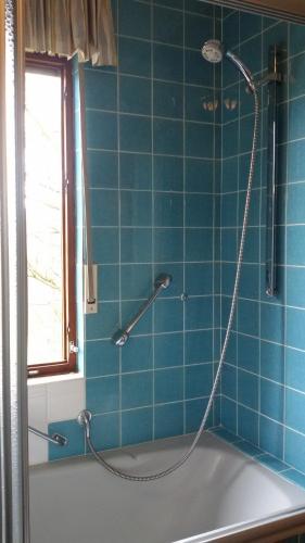 a blue tiled bathroom with a tub with a shower at Schöne Aussicht am Eifelsteig in Monschau