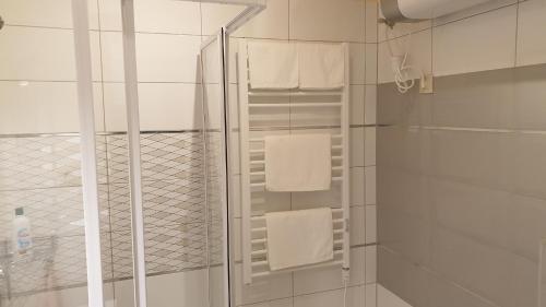 a shower with white towels on a glass door at Búzavirág Apartmanház in Balatonakali