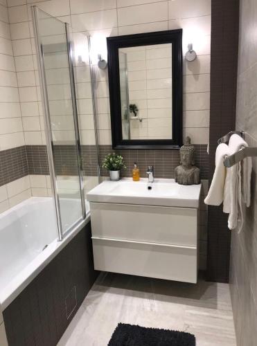 a bathroom with a sink and a tub and a mirror at Zeus Design Loft Apartments in Vienna