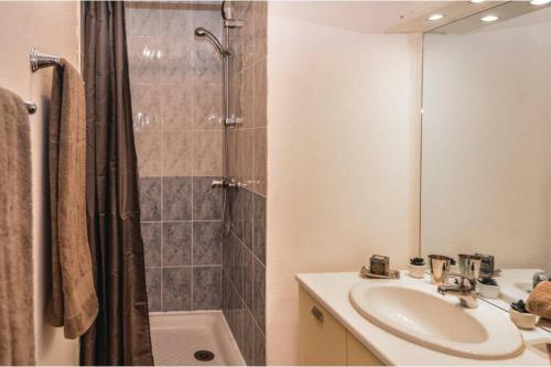 La salle de bains est pourvue d'une douche, d'un lavabo et d'une baignoire. dans l'établissement Appartement des amoureux, à Uzès