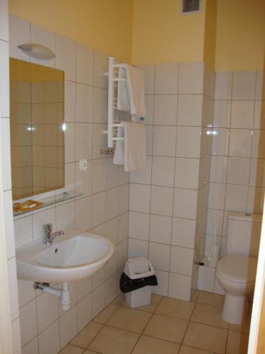 a bathroom with a sink and a toilet at Apartamenty & Restauracja Janus in Ełk