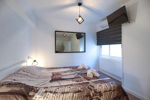 1 dormitorio con 1 cama grande y espejo en la pared en Cuencaloft El Mirador del Gallo, en Cuenca