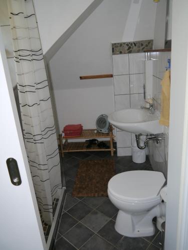 a bathroom with a toilet and a sink at Elfenhäuschen mit 3 DTV Sternen ausgezeichnet in Bad Harzburg