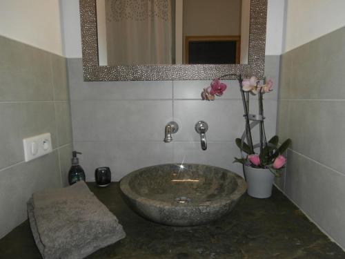 ein Badezimmer mit einem Steinwaschbecken und einem Spiegel in der Unterkunft L'Apothéis in Saint-Thégonnec