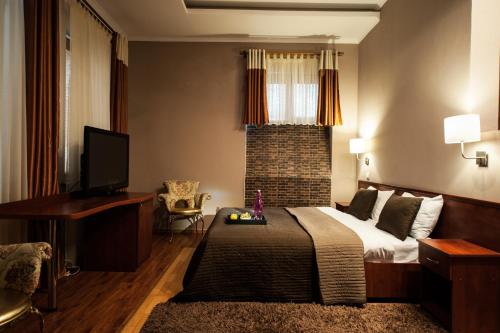 1 dormitorio con cama, TV y chimenea en Art-Rustic Boutique Hotel, en Chişinău
