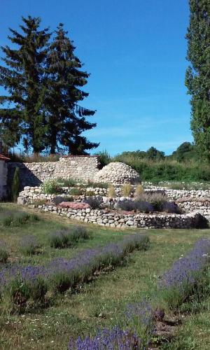 a stone wall in a field with purple flowers at Les Bories en Champagne in Montlevon