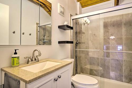 a bathroom with a shower and a sink and a toilet at McCall Retreat with Hot Tub - half Mi to Downtown! in McCall