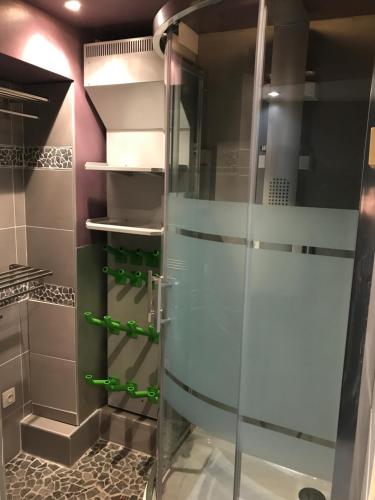 La salle de bains est pourvue d'une douche à l'italienne et d'une porte en verre. dans l'établissement Vues incroyables - Glaciers, lacs et montagnes, à Chamonix-Mont-Blanc