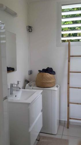 a bathroom with a sink and a washing machine at Maison CÉCILIA in Port-Louis