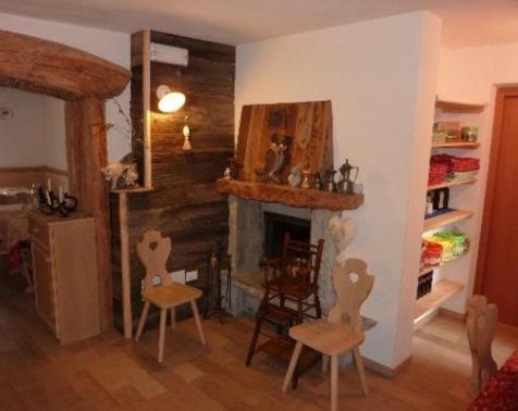 een woonkamer met stoelen en een open haard bij Agriturismo Plan Da Crosc in Prato Carnico