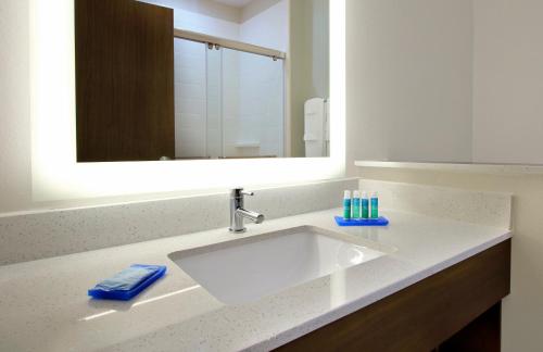 a bathroom with a white sink and a mirror at Holiday Inn Express & Suites - Brookshire - Katy Freeway, an IHG Hotel in Brookshire