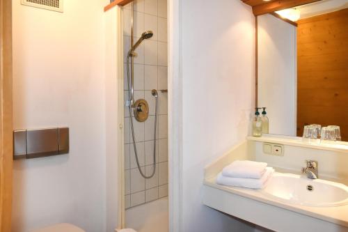 a bathroom with a sink and a shower at Alps Hostel in Pfronten