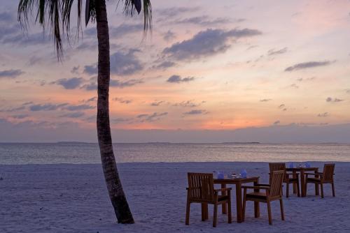 a table and chairs on the beach with a palm tree at Brennia Kottefaru Maldives in Raa Atoll