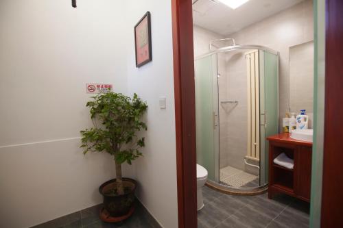 uma casa de banho com um chuveiro, um WC e uma planta em Beijing Jingyuan Courtyard Hotel em Pequim