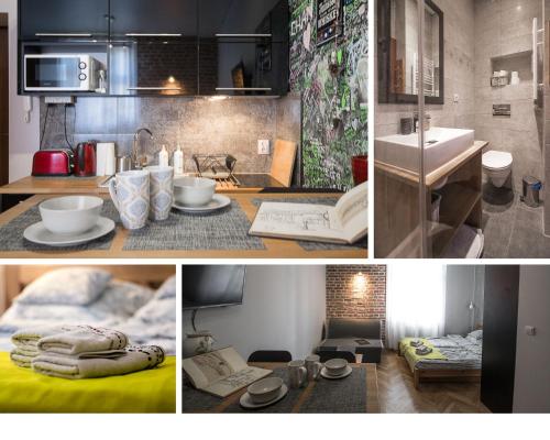 un collage di immagini di una cucina con lavandino di Lost In Krakow Apartments a Cracovia
