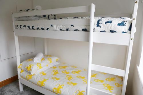 two bunk beds in a small room with a bed at Lions Den - Zoo Accommodation Chester in Chester