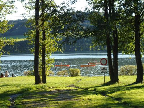 a group of people kayaking on a lake at Camping u Kukačků in Horní Planá