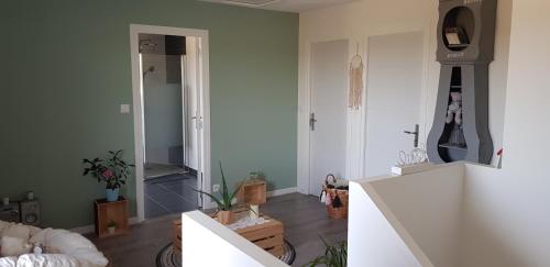 een woonkamer met groene muren en een kamer bij Au plaisir d’accueillir in Baden