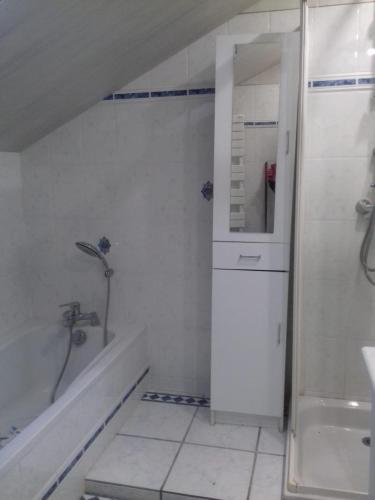 une salle de bain avec une douche, une baignoire et un lavabo dans l'établissement Appartement en loft 50m2 dans maison avec chambre en mezzanine et canapes lits dans salon, à Saint-Pierre-de-Chartreuse